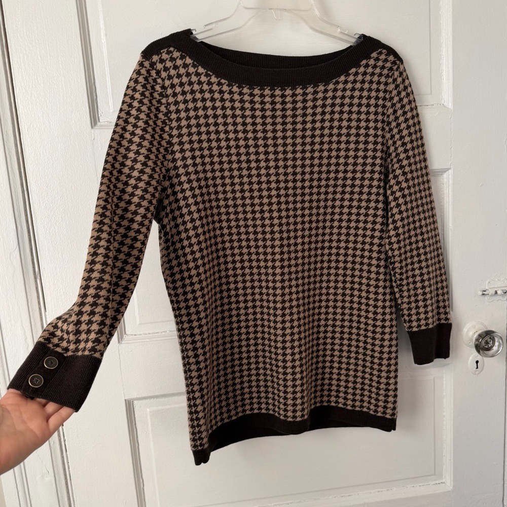 Talbots Merino Wool Brown Houndstooth Sweater‎ Boat Neck Preppy Classic Office M - Picture 9 of 14